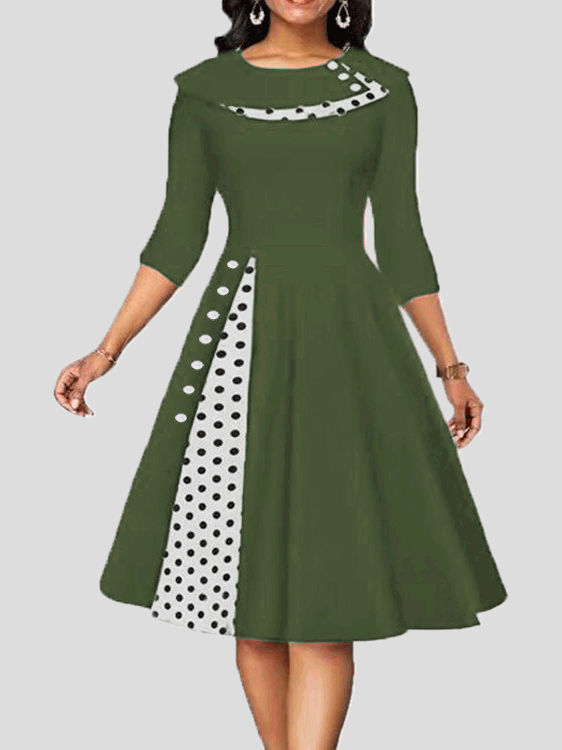 Robe Décontractée Vintage à Pois et Manches Mi-Longues