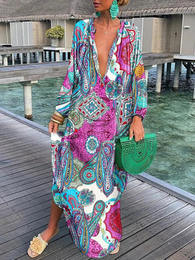 Women's Dresses Loose V-Neck Long Sleeve Print Dress