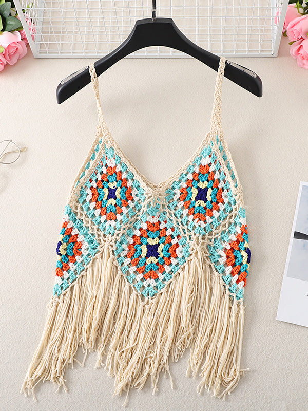 Women's Tank Tops Boho Fringed Suspender Cutout Knit Tank Top