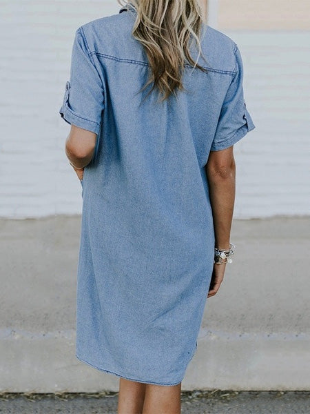 Robe Chemise en Denim avec Poche Boutonnée Revers