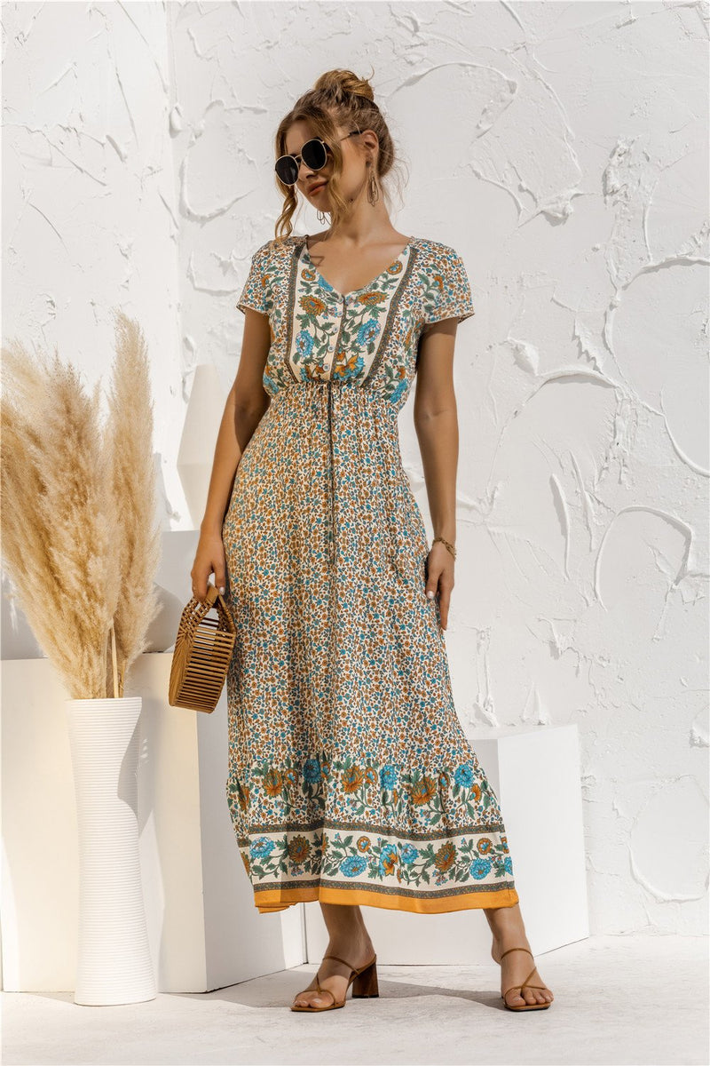 Robe Maxi Floral Manches Courtes Col en V