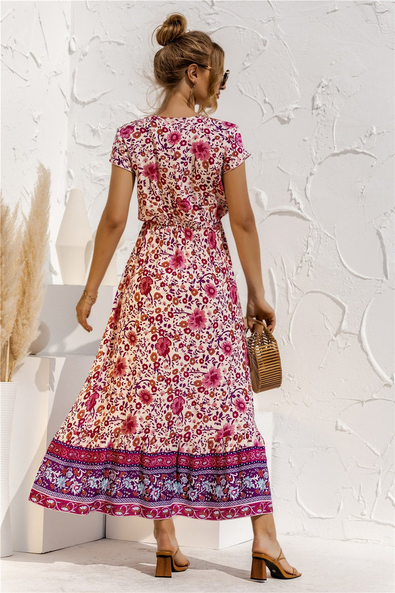 Robe Maxi Floral Manches Courtes Col en V