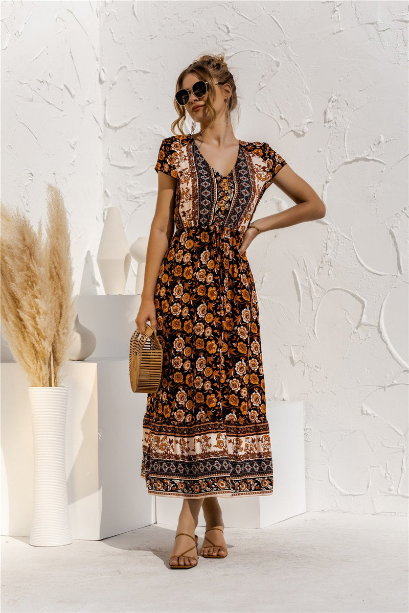 Robe Maxi Floral Manches Courtes Col en V