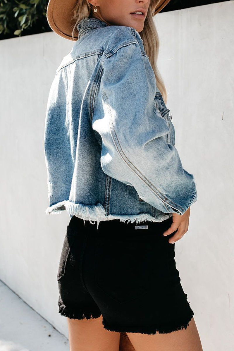 Veste Déchirée en Denim Délavé à Revers