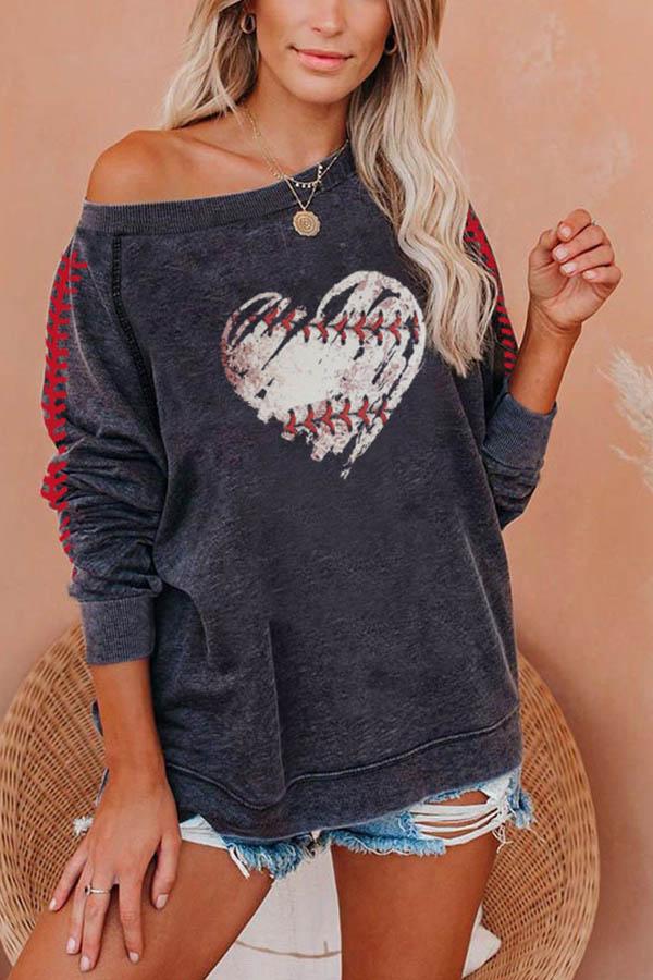 T-shirt Décontracté Manches Raglan Motif de Baseball en Forme de Coeur