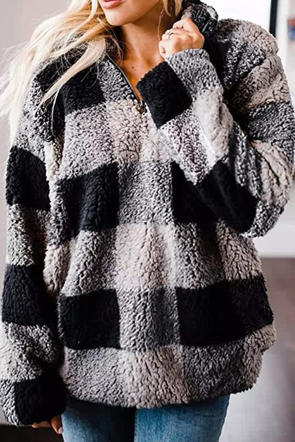 Cozy Holiday Plans Sherpa Plaid Pullover