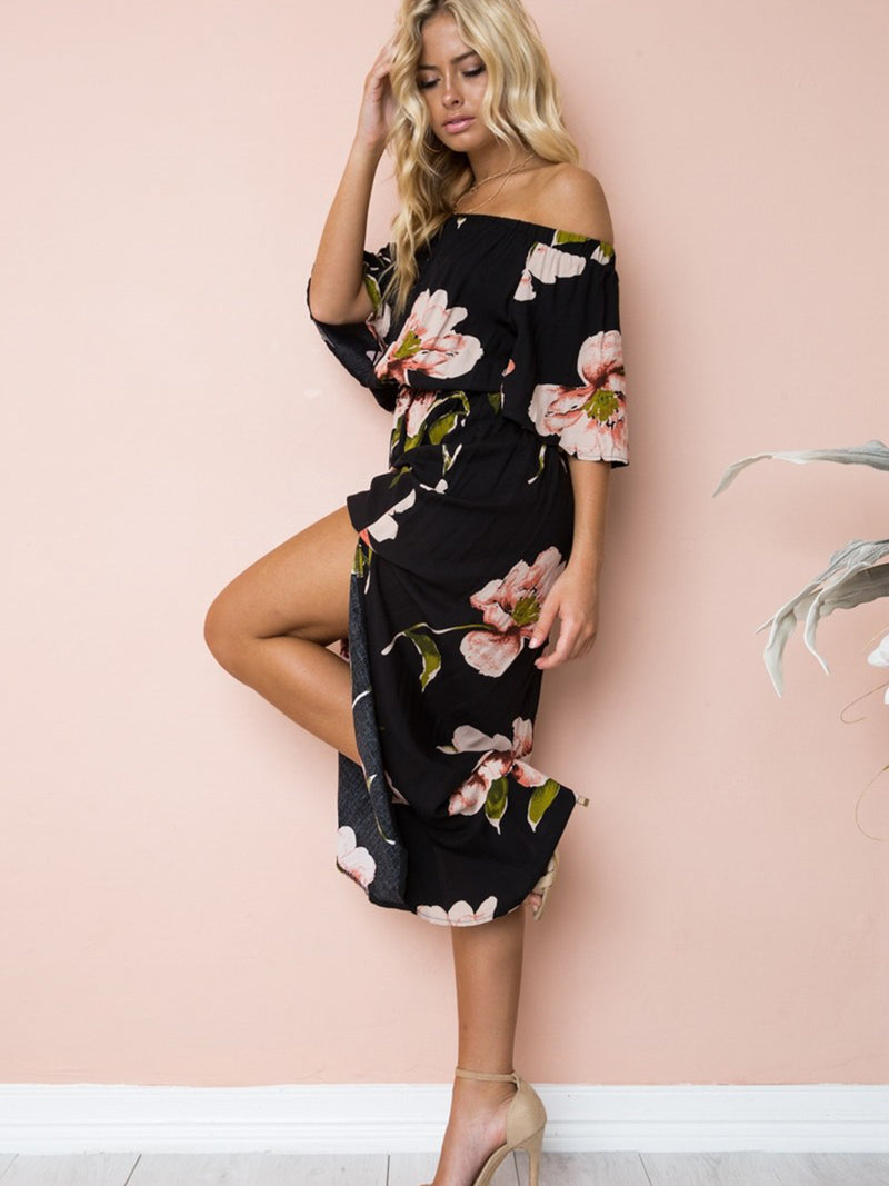 Robe Longue à Manches Courtes Imprimée Florale