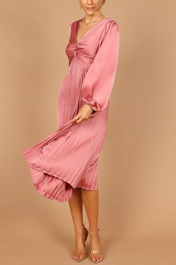 Draw Attention Satin Twist Pleated Midi Dress