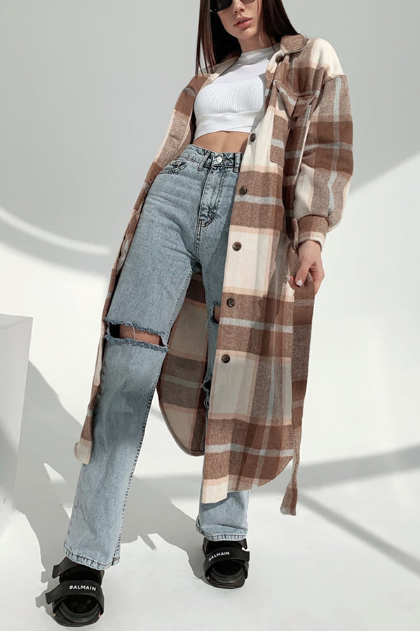 Warm on Up Belted Plaid Midi Coat