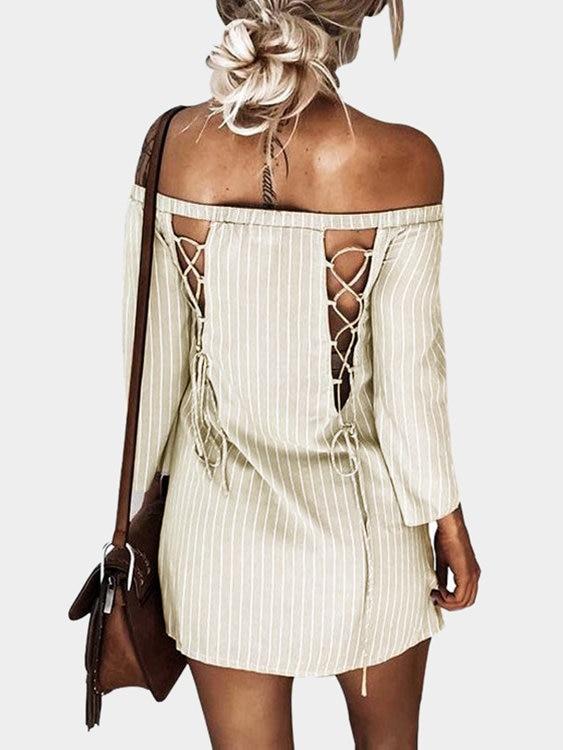 Sexy Off Shoulder Lace Up Stripe Patern Mini