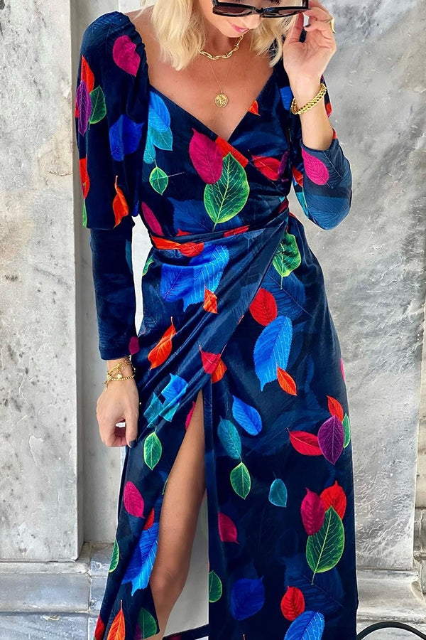 Midnight Paradise Colorful Leaves Velvet Wrap Dress