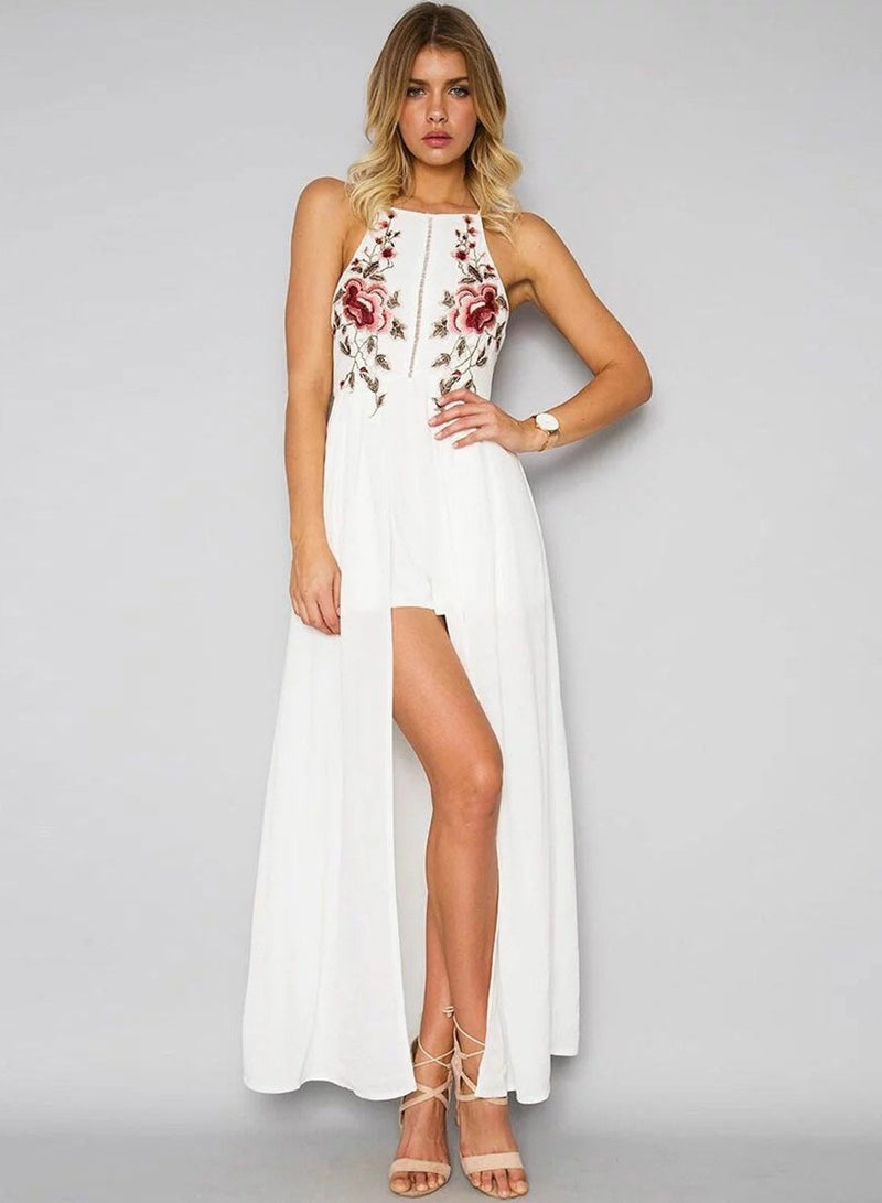 Halter Backless Floral Embroidery Dress - CA Mode