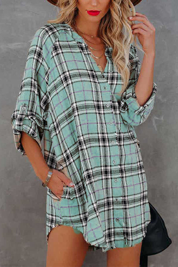 Malia Pocketed Plaid Button Down Tunic Mini Dress