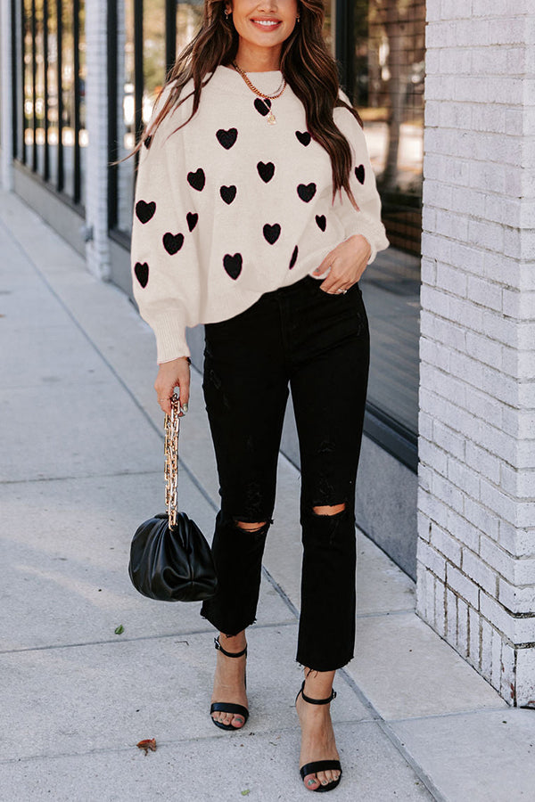 Color My Heart Pattern Lantern Sleeve Sweater