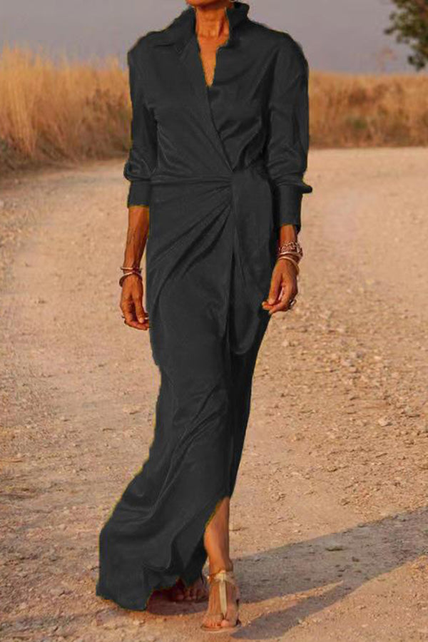 Shimmer In Your Eyes Satin Wrap Shirt Maxi Dress