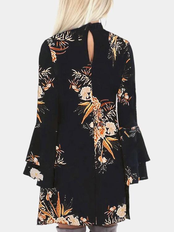 Random Floral Print Perkins Collar Flared Sleeves Mini Dress