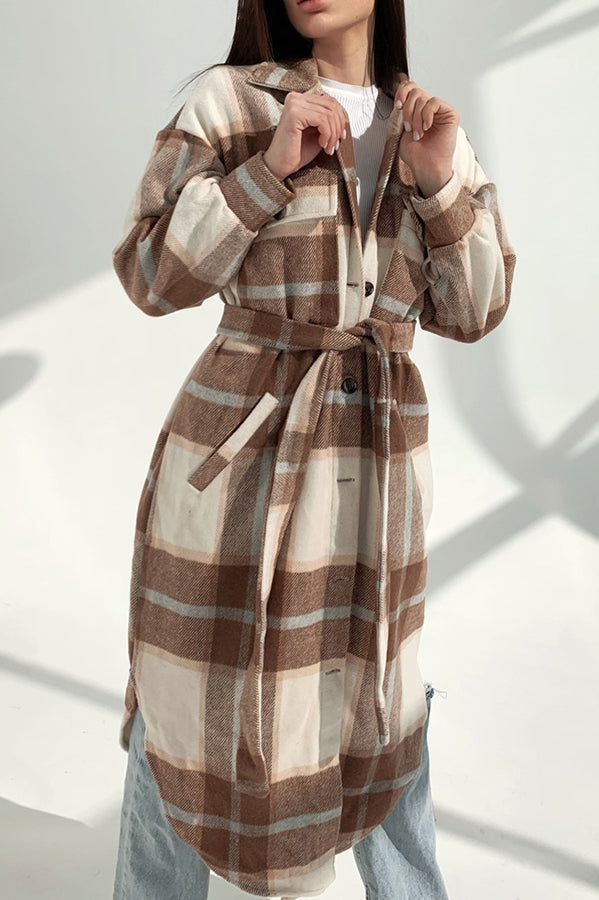 Warm on Up Belted Plaid Midi Coat