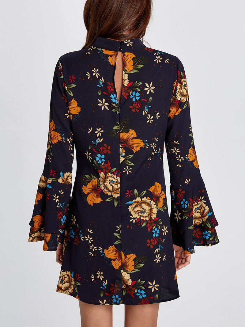 Random Floral Print Perkins Collar Flared Sleeves Mini Dress