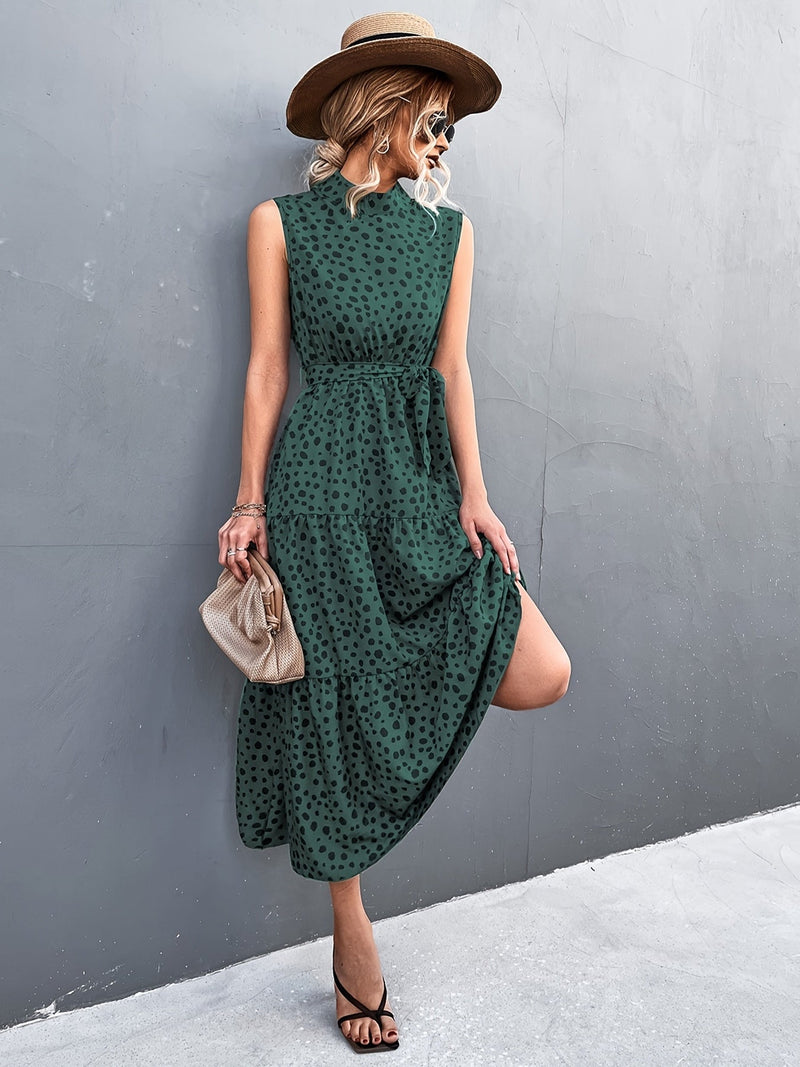 Dot Print Sleeveless High Neck Belt Waist Maxi Dress