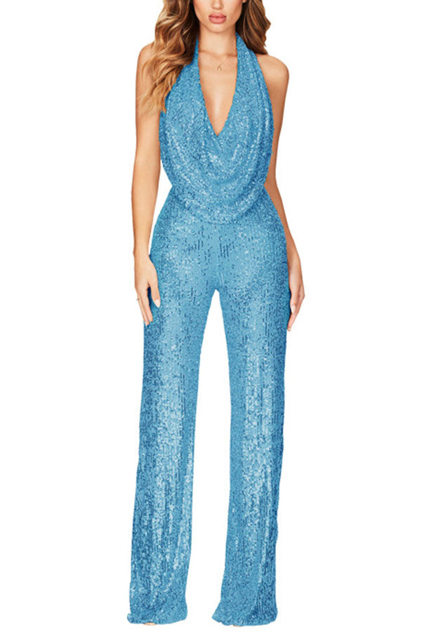 Shimmering Halter Style Drape Neck Wide Leg Jumpsuit