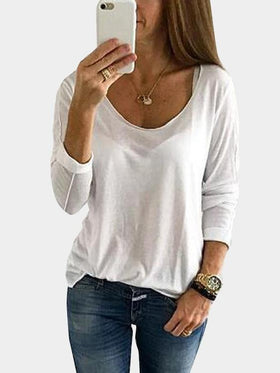 White Scoop Neck Long Sleeves Tee