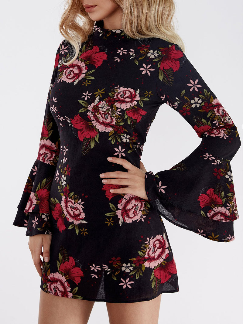 Random Floral Print Perkins Collar Flared Sleeves Mini Dress