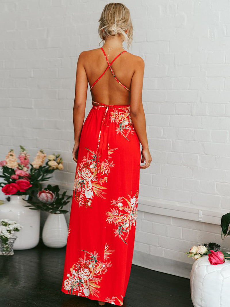 Robe à Dos Nu Imprimé Floral Ourlet Fendu Rouge