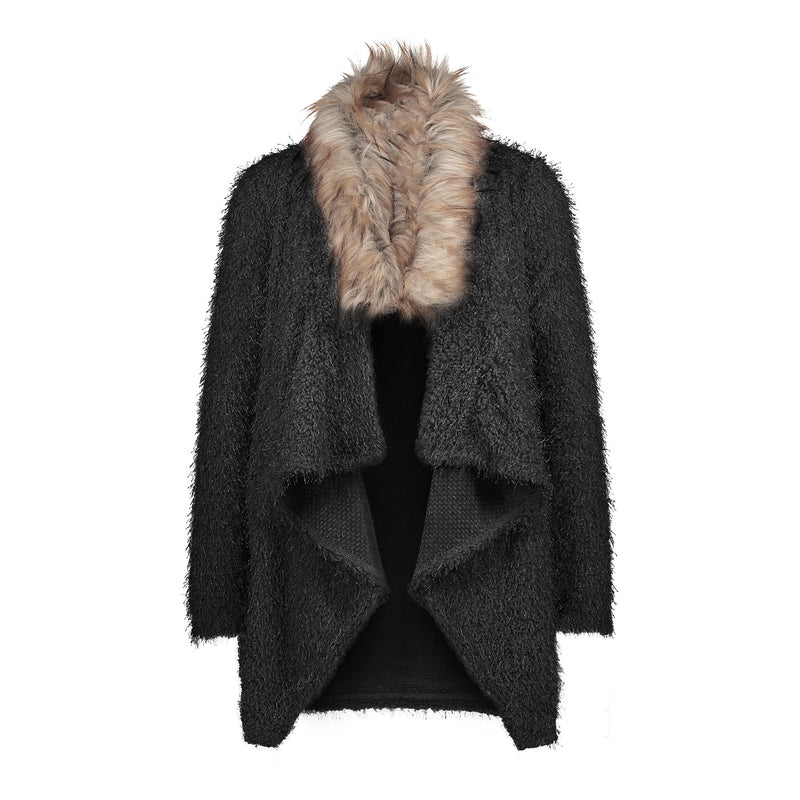 Manteau Cardigan Col En Fausse Furrure Amovible Kaki - CA Mode