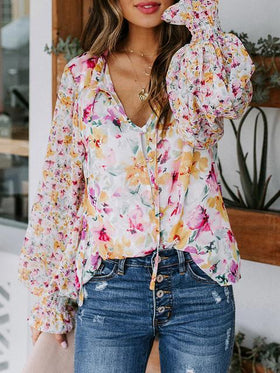 Tops Manches Longues Col V Imprimé Floral Boho