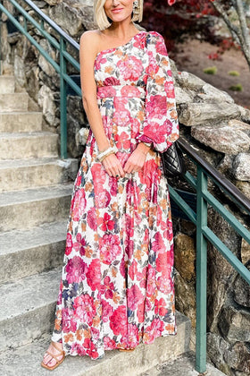 Modern Fairytale Multi Floral One Shoulder Maxi Dress