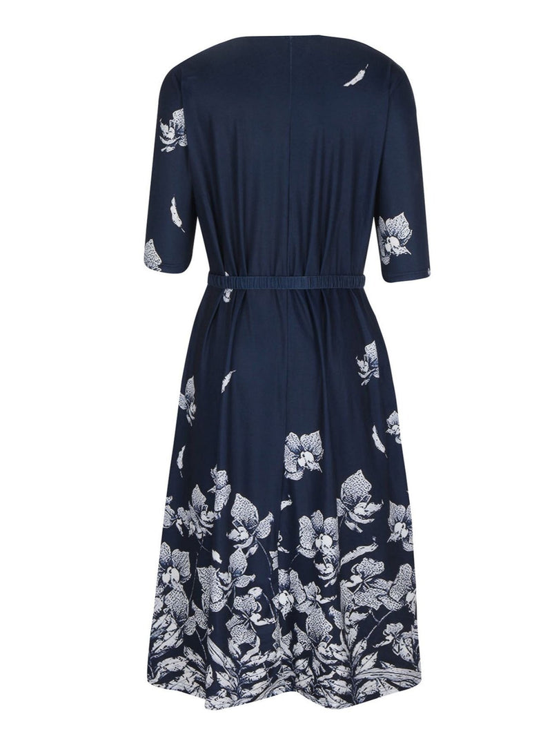 Robe Mi-Longue Décontractée Imprimé Floral Col Rond