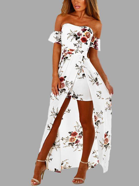 Robe à Imprimé Floral à Epaules Dénudées Blanche