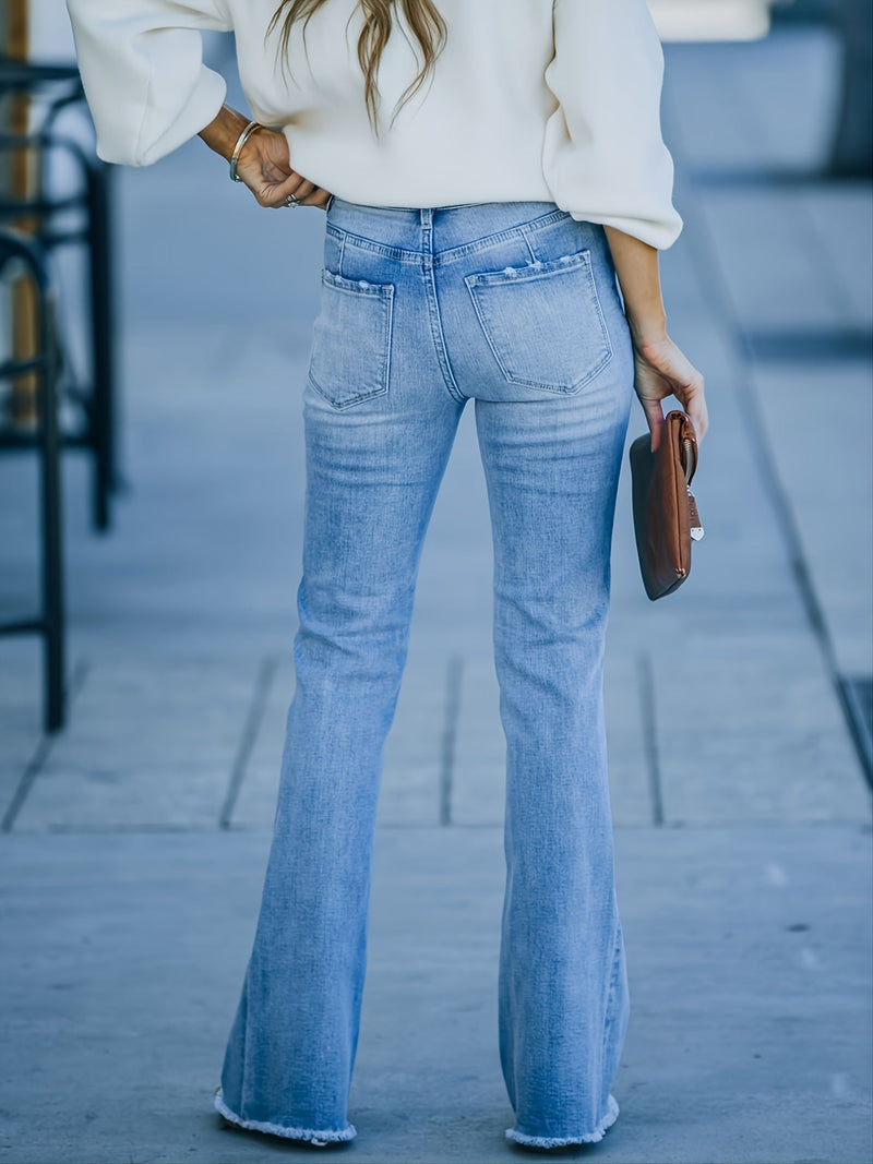 Tassel Stretch Mid Waist Wide Leg Denim Jeans