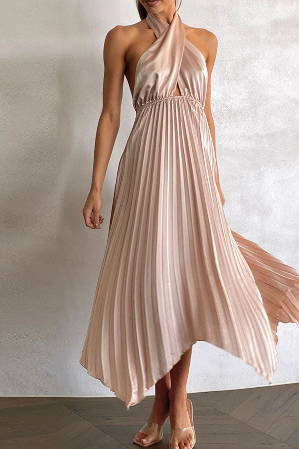 Gina Satin Halter Neck Pleated Midi Dress