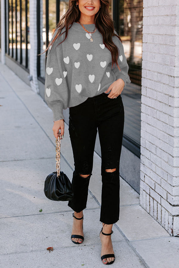 Color My Heart Pattern Lantern Sleeve Sweater