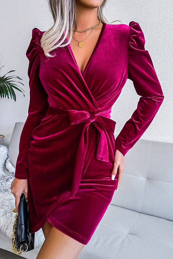 Show In The City Velvet Belt Wrap Mini Dress