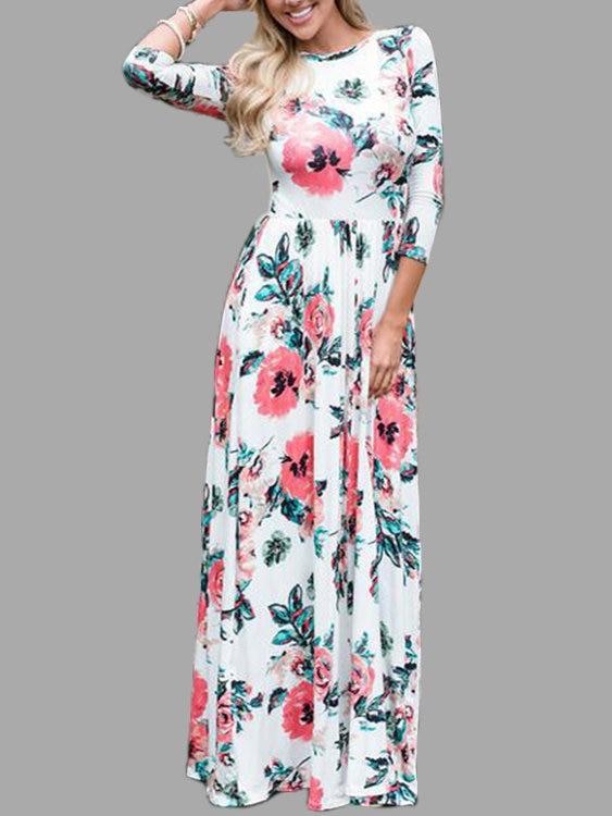 White Random Floral Print 3-4 Length Sleeves Maxi Dresses