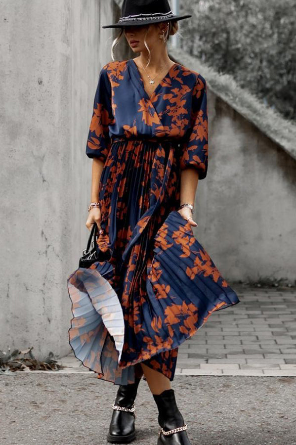 Early Sunset Floral Wrap Pleated Midi Dress