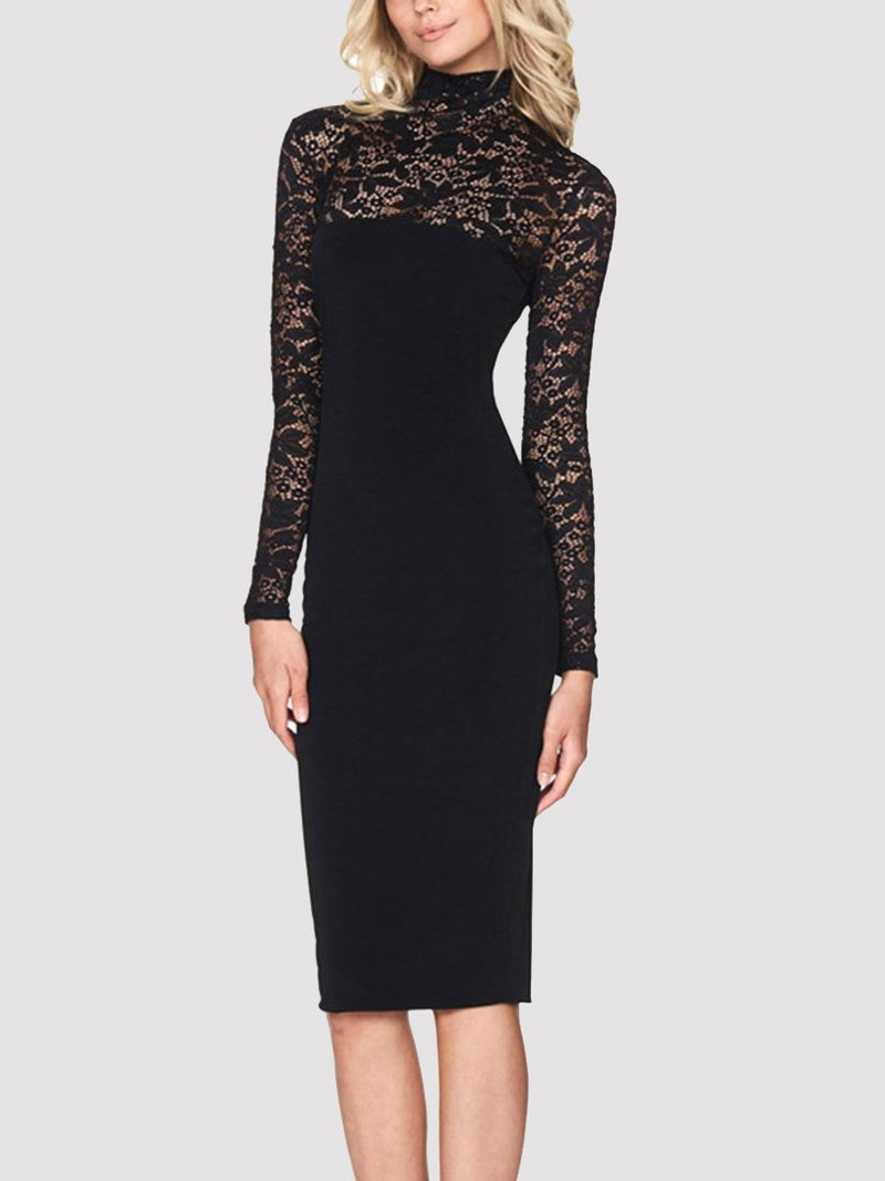 Mock Neck Long Sleeve Lace Bodycon Dress