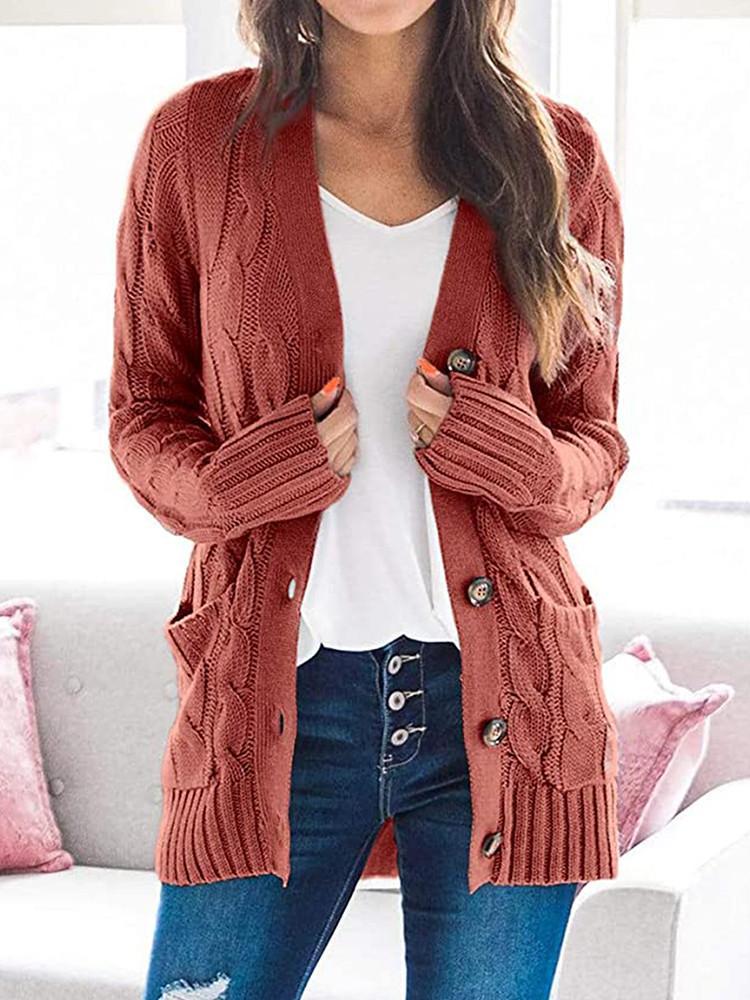 Cardigan en Tricot Unie avec Boutons Torsadés et Poches