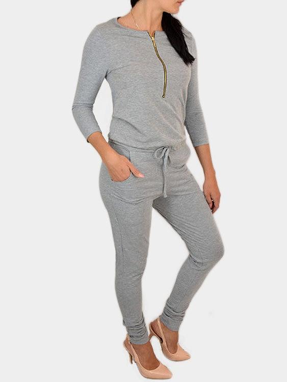 Zipper 3-4 Length Sleeves Drawstring Waist Jumpsuit