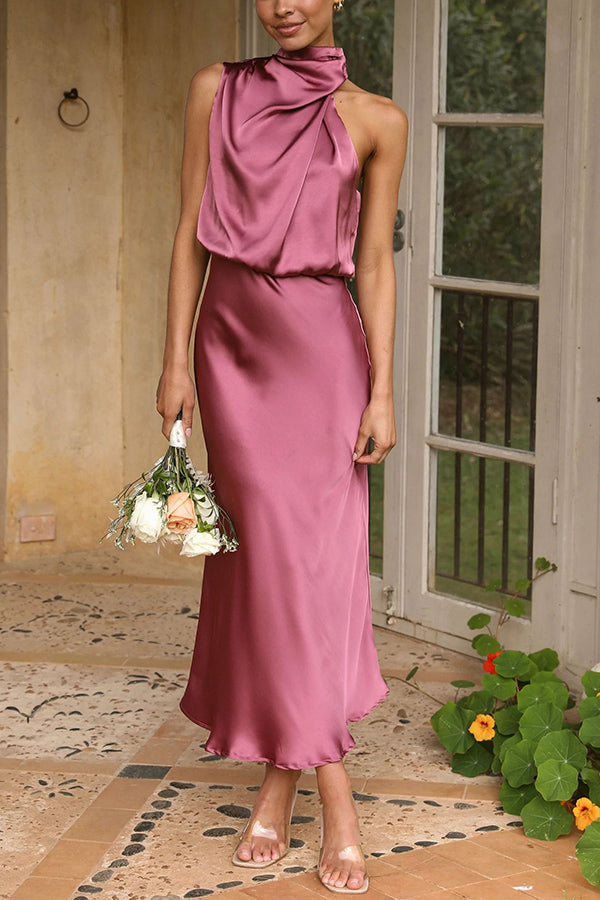 Perfectly Yours High Neck Satin Drape Maxi Dress