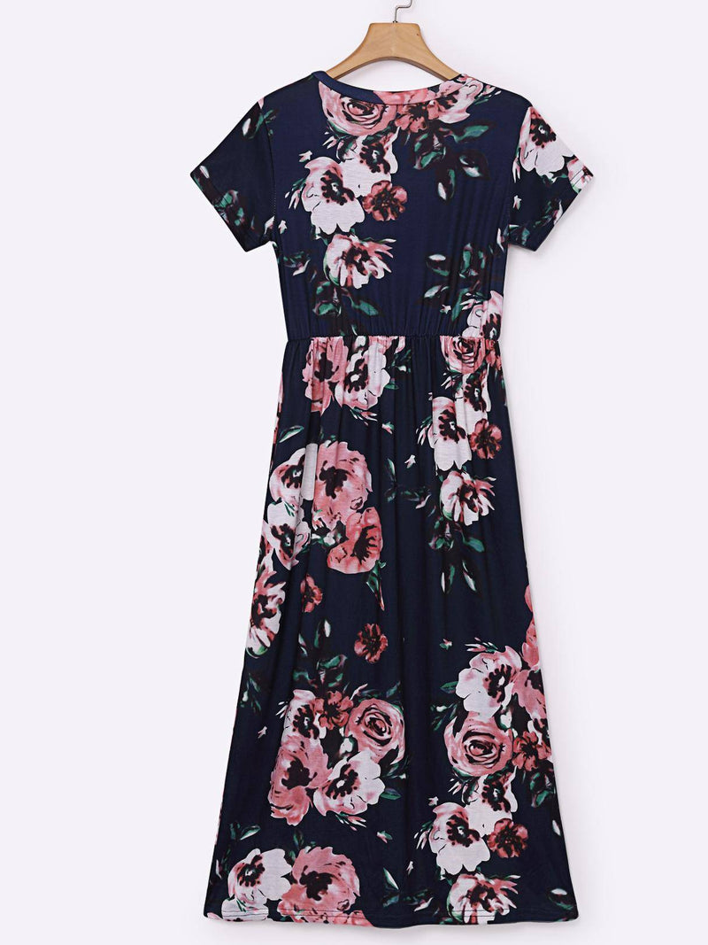 Robe à Imprimé Floral Col Rond