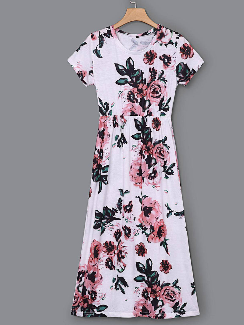 Robe à Imprimé Floral Col Rond