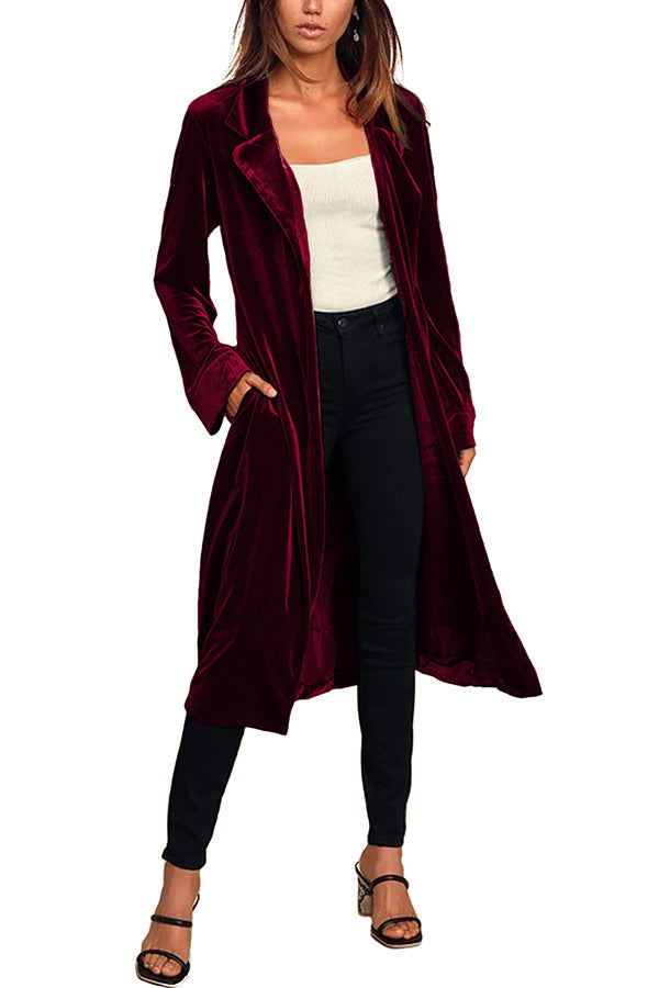 Manteau Mi-Long en Velours Taille Nouée à Poches