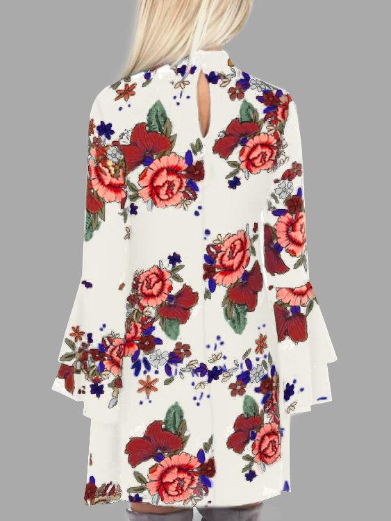 Random Floral Print Perkins Collar Flared Sleeves Mini Dress