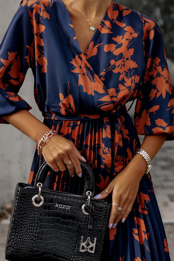 Early Sunset Floral Wrap Pleated Midi Dress