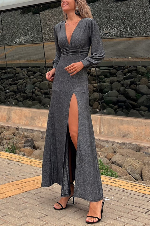 Perfect Curve Metallic Smocked Slit Maxi Dress