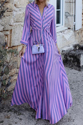 Hard To Catch Stripe Print Shirt Maxi Dress