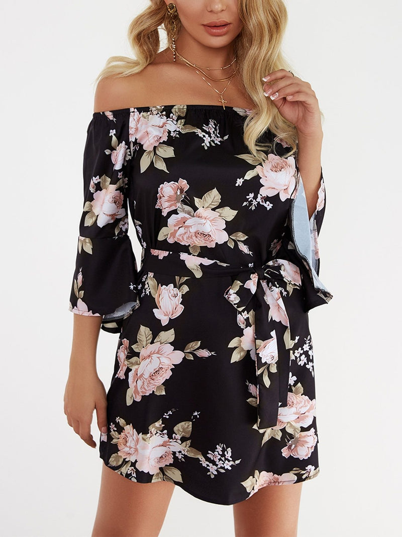 Robe Florale à Manches Longues et à Taille Haute